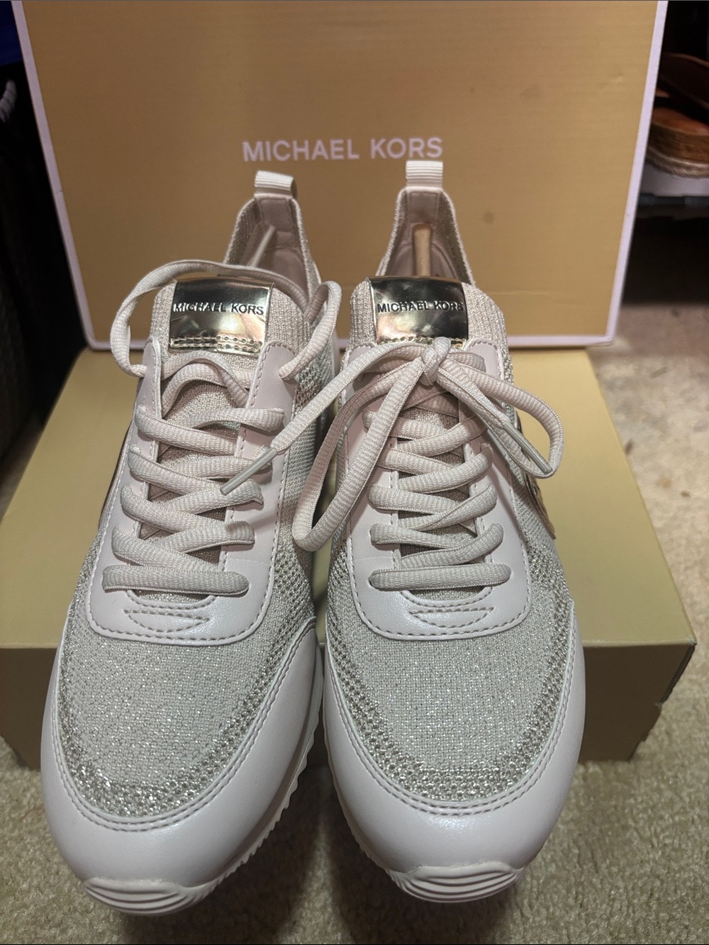 Michael Kors Cream & Gold MK Logo Knit Lace-Up Sneaker - Picture 2 of 5